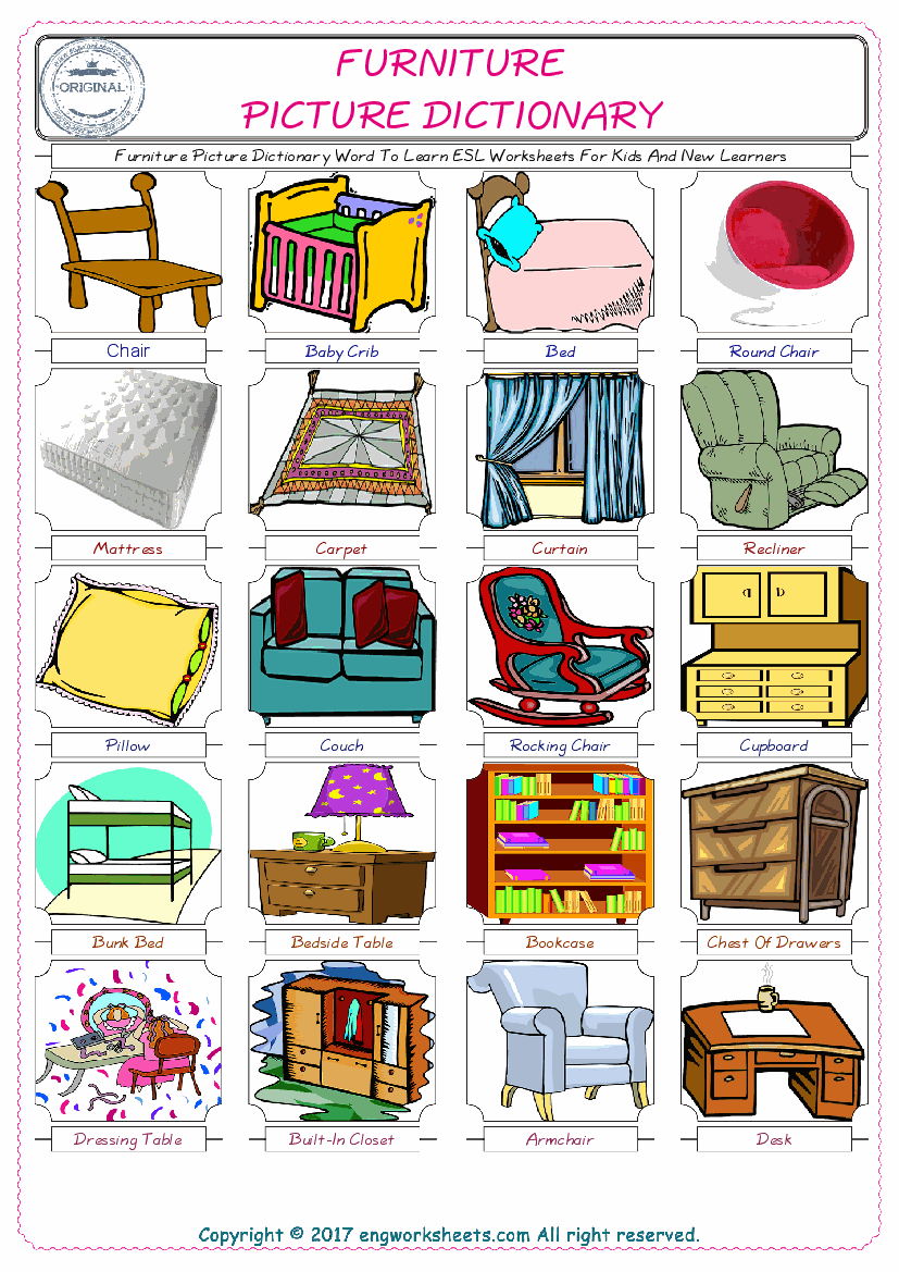  Furniture English Worksheet for Kids ESL Printable Picture Dictionary 